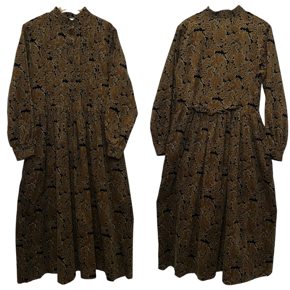 My Secret Shelf corduroy shirt dress w abstract floral paisley print brown/black